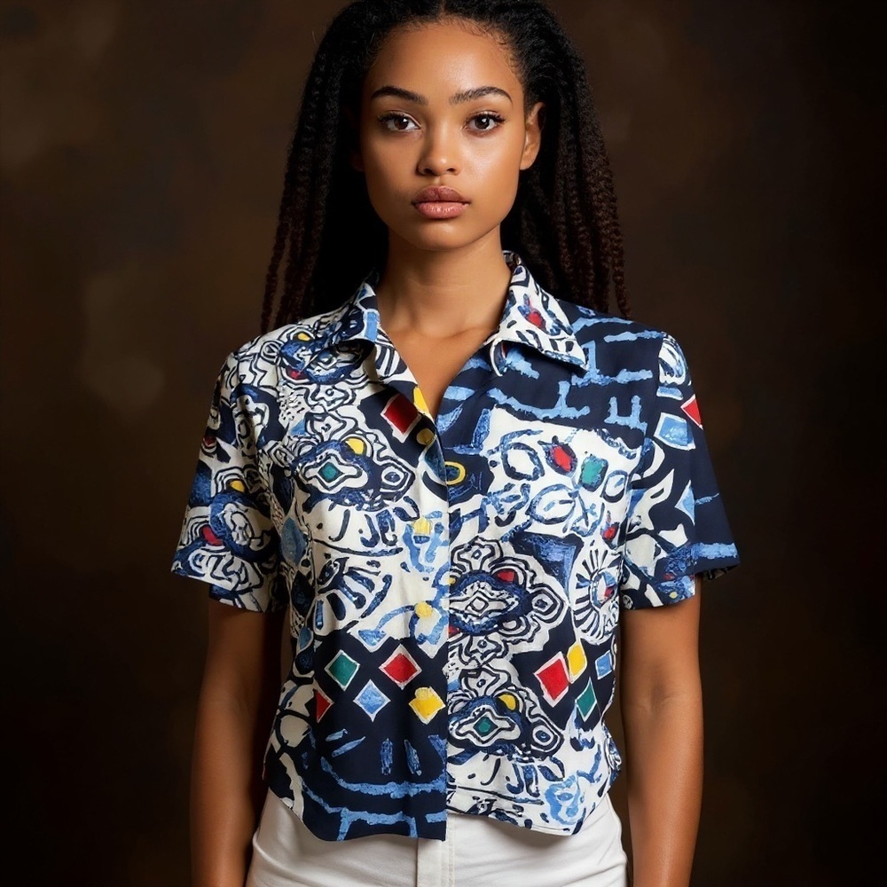 VTG Claudia Sloan Abstract Print Button-Up Blouse 10P Made in USA 100% Poly